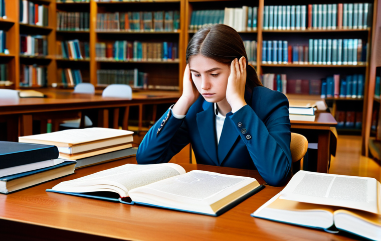 A professional young adult law student, fully clothed in modest, appropriate attire, deeply focused while studying in a modern, well-lit university library. They are seated at a clean wooden desk, surrounded by open law books and detailed mind maps spread across the table. The student's expression is contemplative and intelligent, emphasizing deep understanding and organized knowledge. Perfect anatomy, correct proportions, natural pose, well-formed hands, proper finger count, natural body proportions. Professional photography, high quality, safe for work, appropriate content, family-friendly.