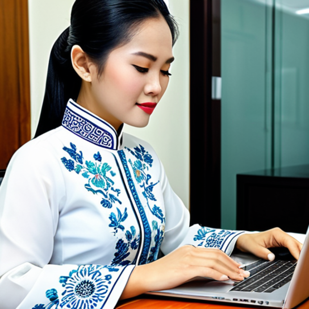 **

"A professional Vietnamese businesswoman in a stylish ao dai (traditional dress), fully clothed and modest, working on a laptop in a modern office in Ho Chi Minh City. Safe for work, appropriate content, perfect anatomy, natural proportions, professional photography, high quality, family-friendly."

**