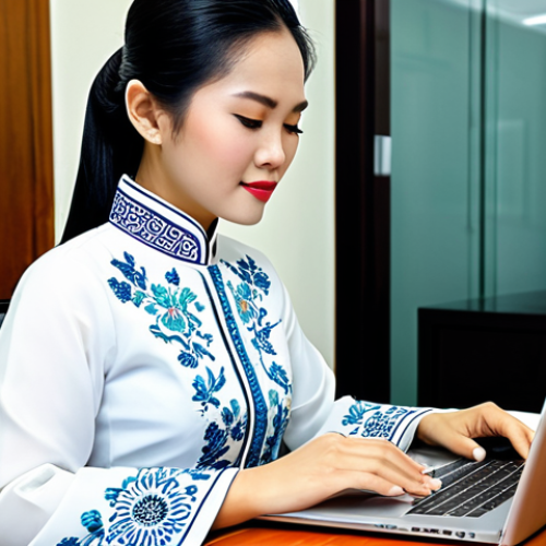Home 6 **
"A professional Vietnamese businesswoman in a stylish ao dai (traditional dress), fully clothed and modest, working on a laptop in a modern office in Ho Chi Minh City. Safe for work, appropriate content, perfect anatomy, natural proportions, professional photography, high quality, family-friendly."
**