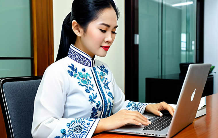 **

"A professional Vietnamese businesswoman in a stylish ao dai (traditional dress), fully clothed and modest, working on a laptop in a modern office in Ho Chi Minh City. Safe for work, appropriate content, perfect anatomy, natural proportions, professional photography, high quality, family-friendly."

**